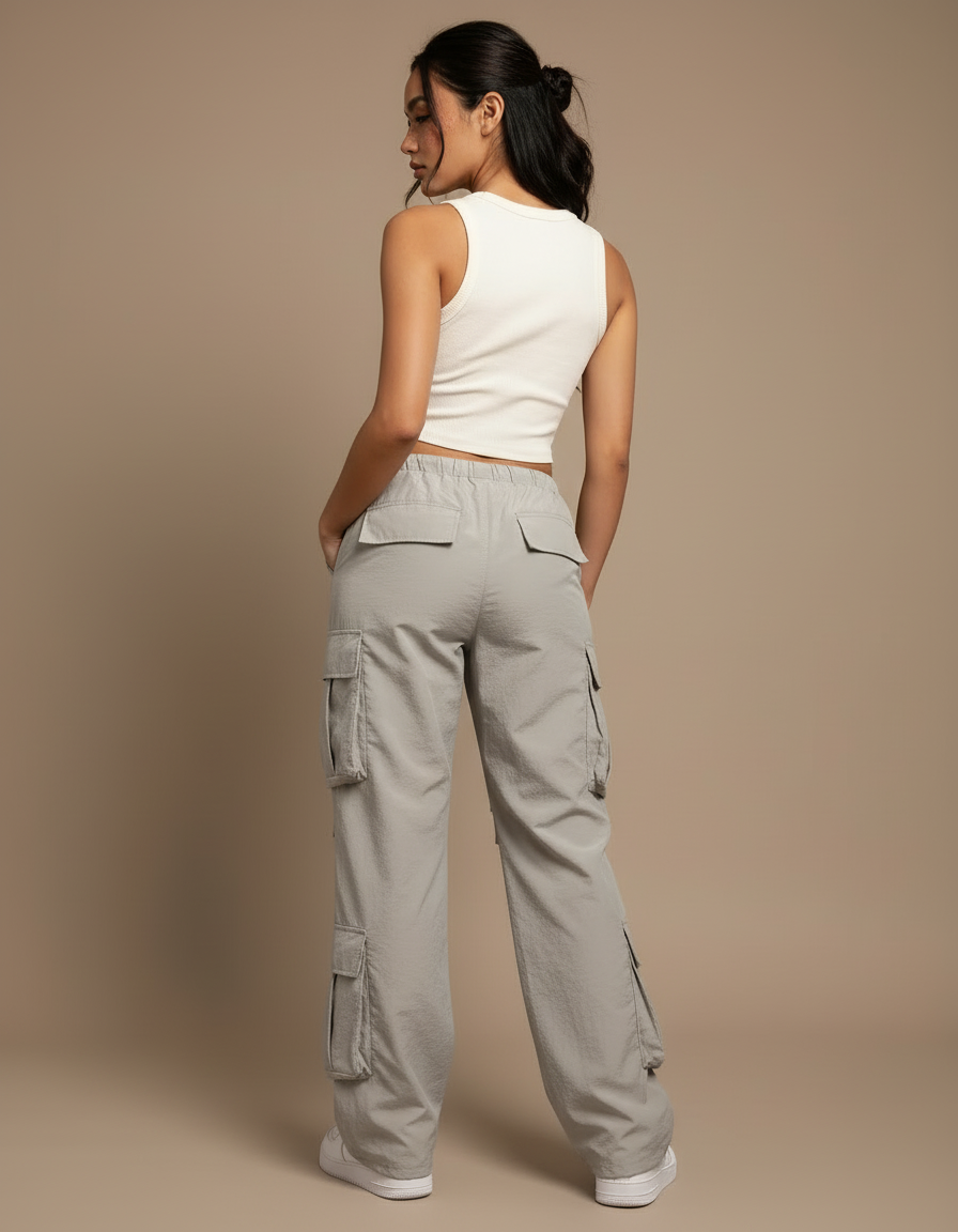 Pantalon Cargo Gris Ample Fluide Poches Femme - Polyester - vue 2