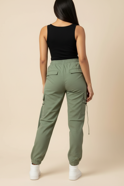 Pantalon Cargo Vert Kaki Ample Multipoches Décontracté Femme - Gabardine - vue 2