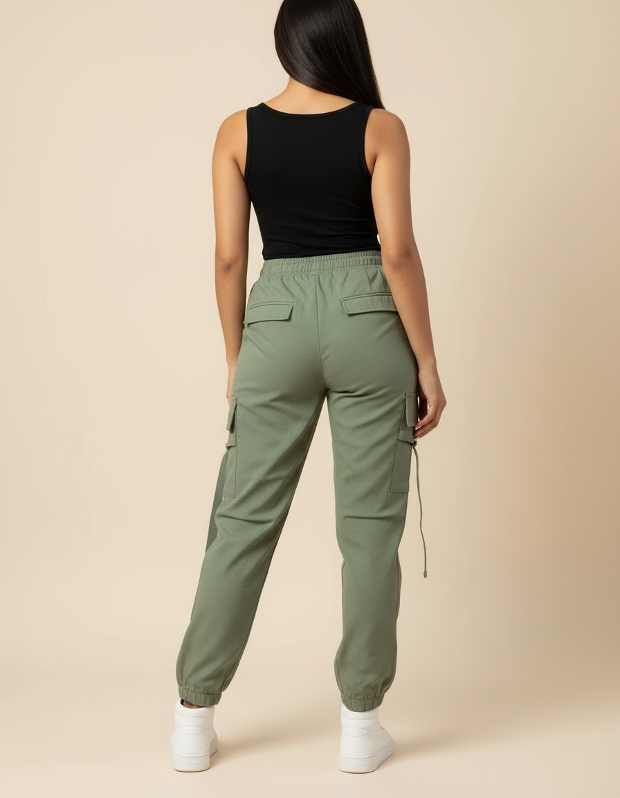 Pantalon Cargo Vert Kaki Ample Multipoches Décontracté Femme - Gabardine - vue 2