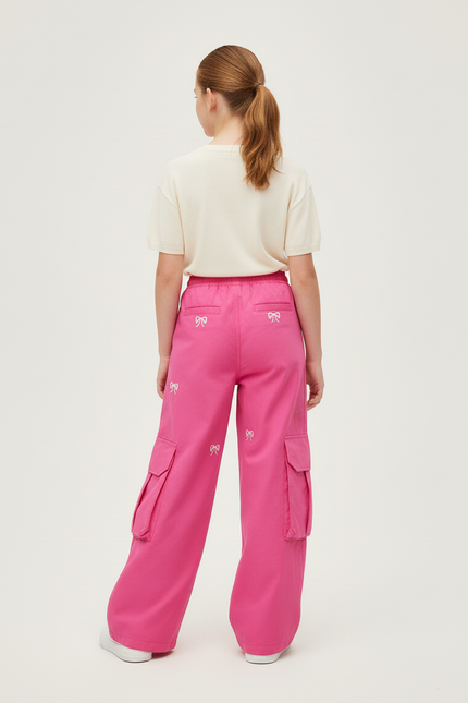 Pantalon Cargo Rose Ample Broderie Nœuds Poches Fille - Toile - vue 2