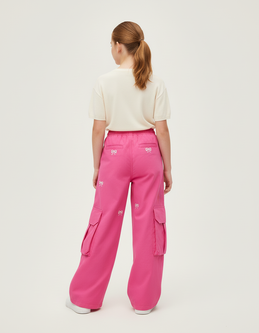 Pantalon Cargo Rose Ample Broderie Nœuds Poches Fille - Toile - vue 2