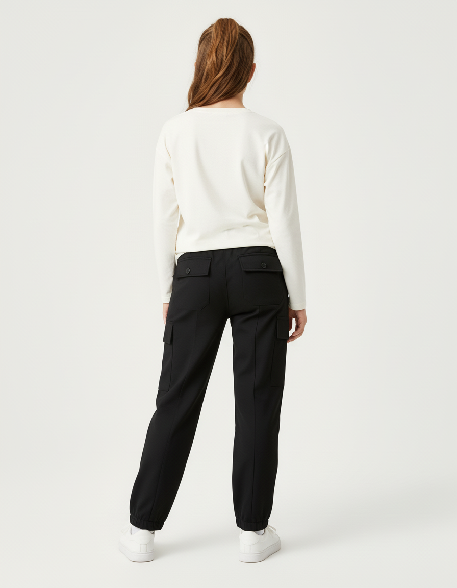 Pantalon Cargo Noir Ample Zippé Fille - Polyester - vue 2
