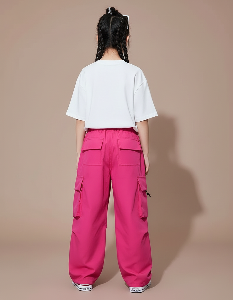Pantalon Cargo Fuchsia Ample Décontracté Multipoches Enfant - Rose Polyester - vue 2