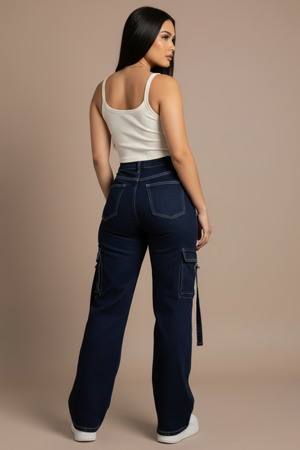 Pantalon Cargo Denim Bleu Taille Haute Ample Femme - Marine Jean - vue 2
