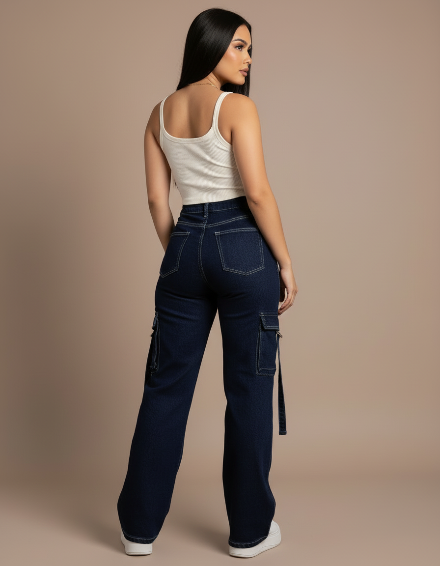Pantalon Cargo Denim Bleu Taille Haute Ample Femme - Marine Jean - vue 2