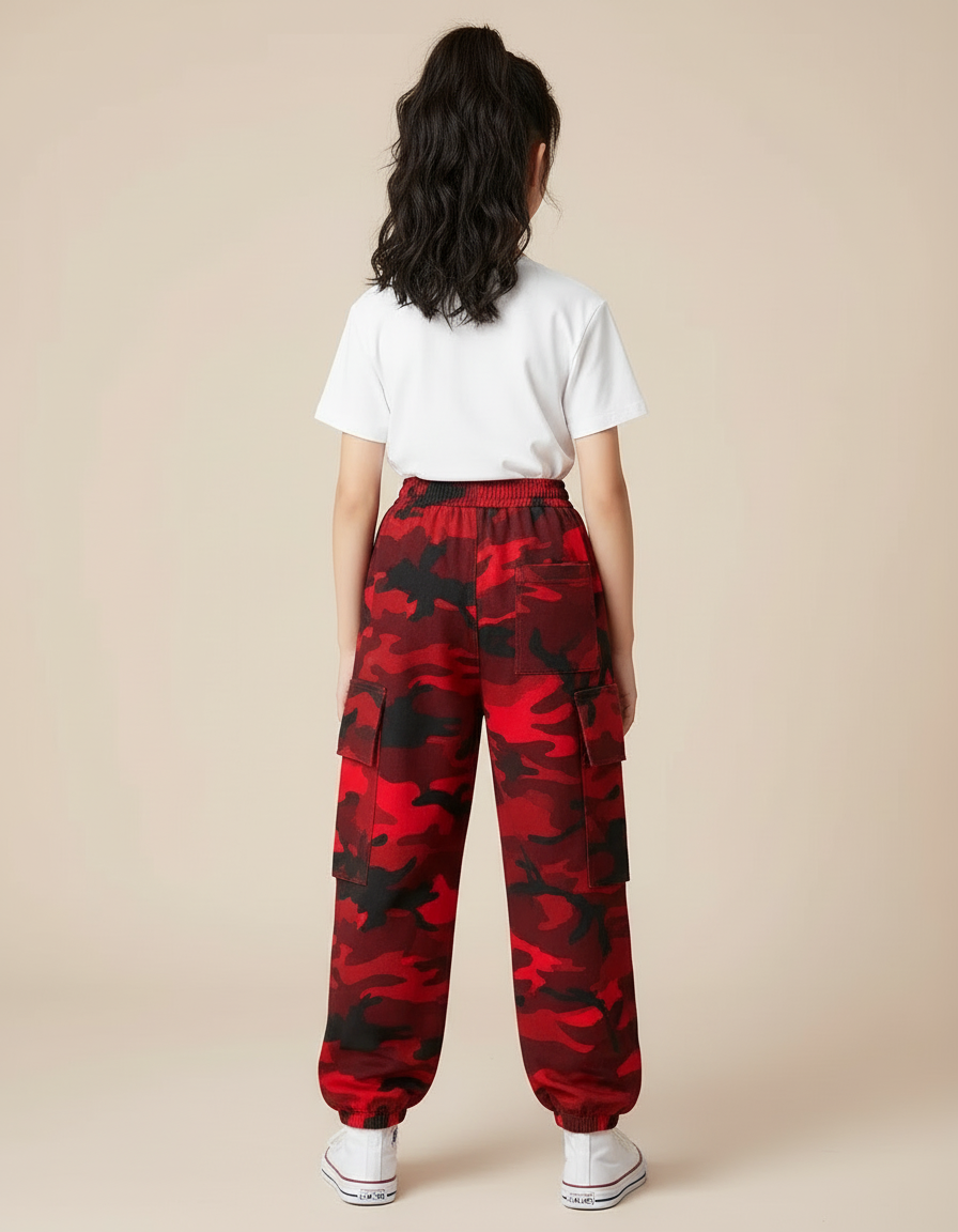 Pantalon Cargo Rouge Camouflage Ample Sportif Fille - Molleton - vue 2