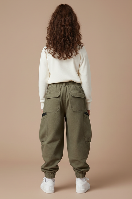 Pantalon Cargo Vert Kaki Ample Molletonné Enfant Décontracté - vue 2