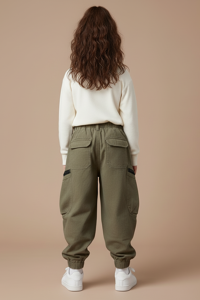Pantalon Cargo Vert Kaki Ample Molletonné Enfant Décontracté - vue 2