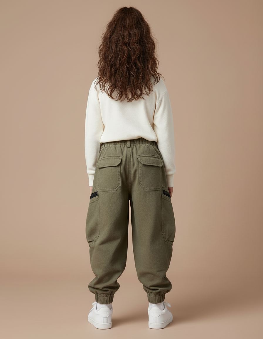 Pantalon Cargo Vert Kaki Ample Molletonné Enfant Décontracté - vue 2