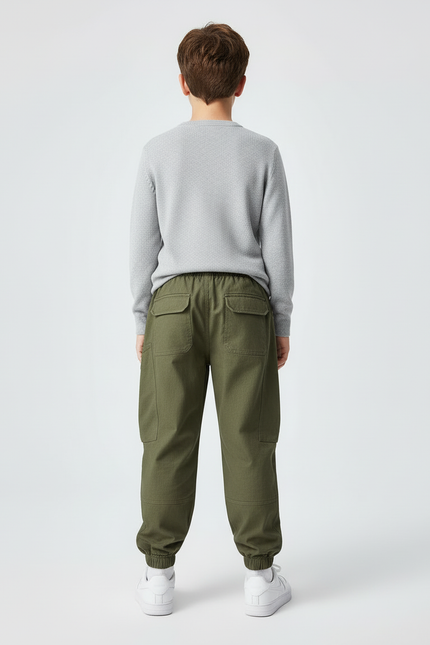 Pantalon Cargo Vert Kaki Ample Multipoches Enfant Décontracté - Toile - vue 2