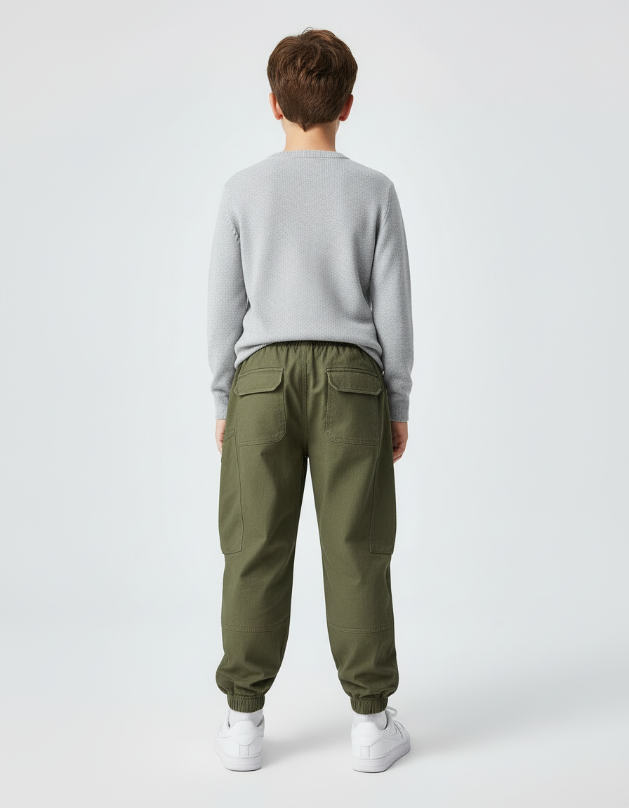 Pantalon Cargo Vert Kaki Ample Multipoches Enfant Décontracté - Toile - vue 2
