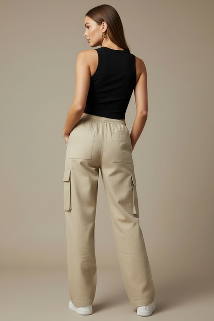 Pantalon Cargo Beige Ample Femme Multipoches Décontracté - Toile - vue 2