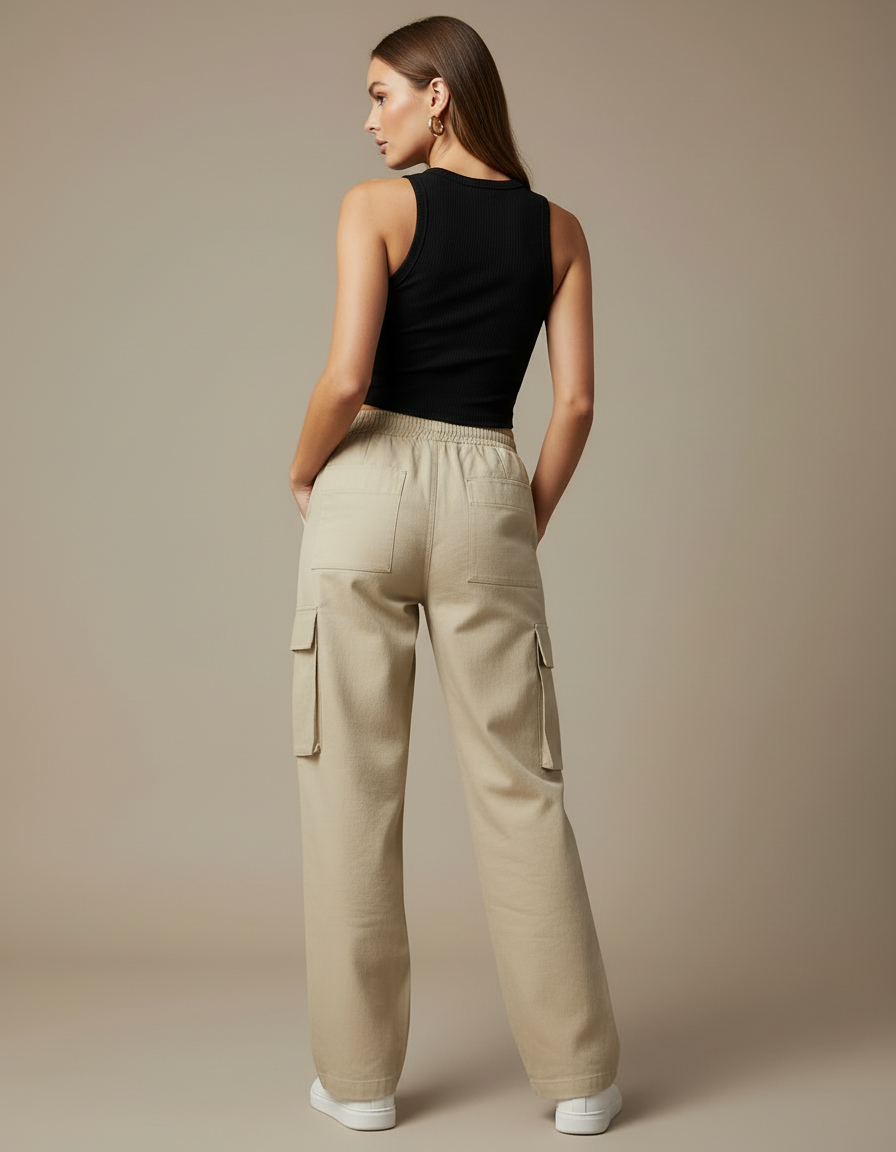 Pantalon Cargo Beige Ample Femme Multipoches Décontracté - Toile - vue 2