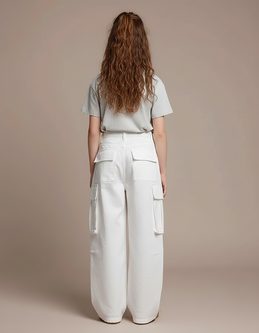 Pantalon Cargo Fille Blanc Baggy - Toile - vue 2