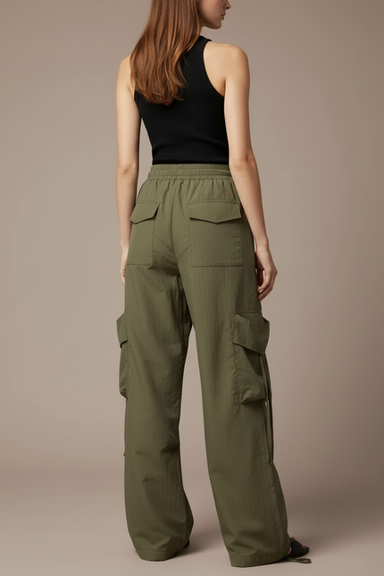 Pantalon Cargo Vert Kaki Ample Léger Cordon Femme - Polyester - vue 2