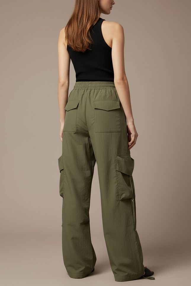 Pantalon Cargo Vert Kaki Ample Léger Cordon Femme - Polyester - vue 2