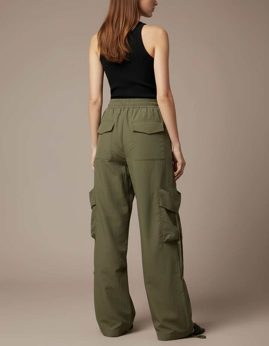 Pantalon Cargo Vert Kaki Ample Léger Cordon Femme - Polyester - vue 2