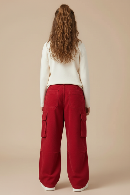 Pantalon Cargo Rouge Ample Fille Multipoches Décontracté - Cordé - vue 2
