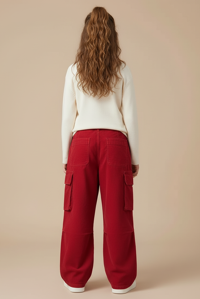 Pantalon Cargo Rouge Ample Fille Multipoches Décontracté - Cordé - vue 2