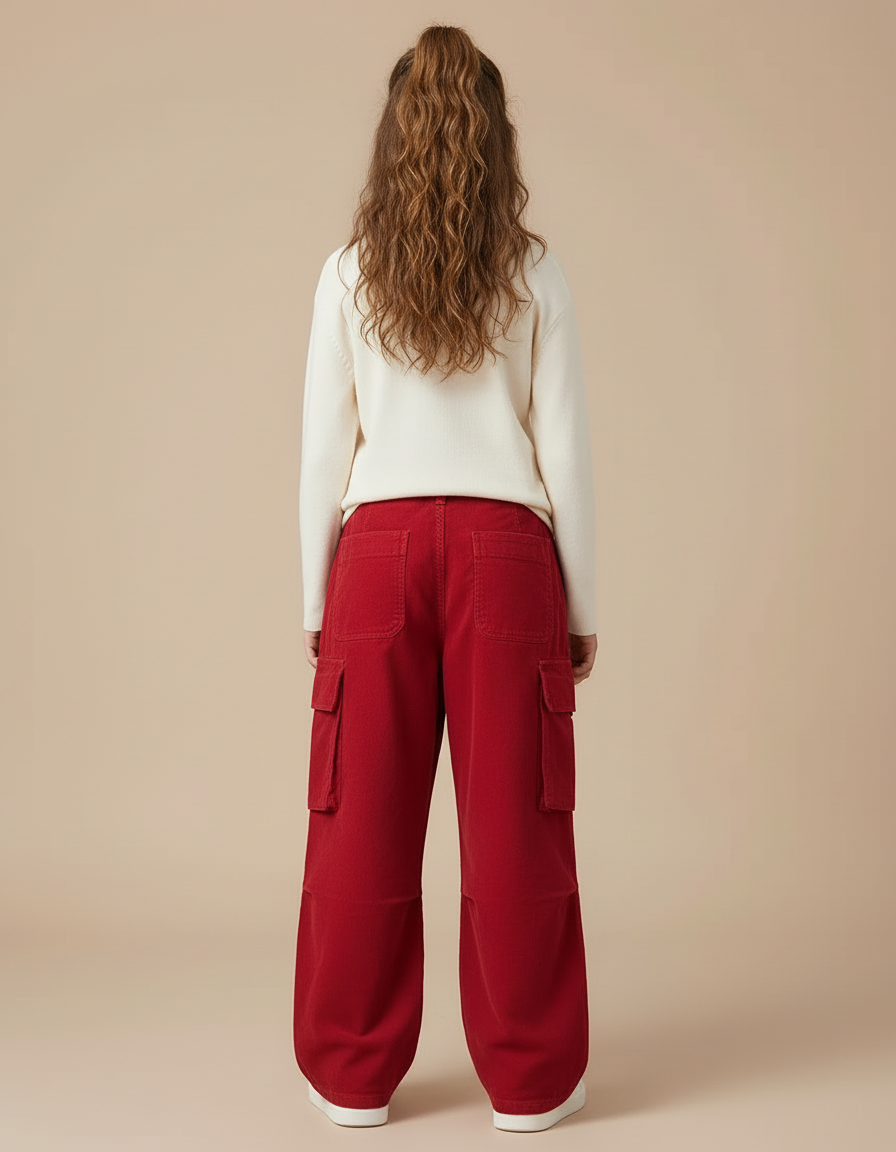 Pantalon Cargo Rouge Ample Fille Multipoches Décontracté - Cordé - vue 2