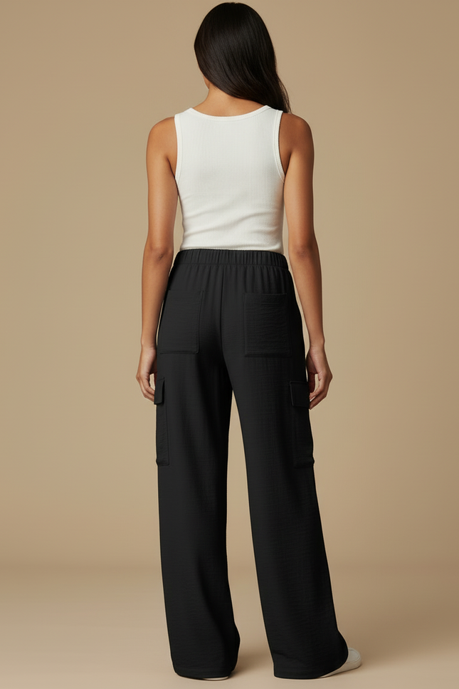 Pantalon Cargo Noir Ample Fluide Décontracté - Viscose - vue 2