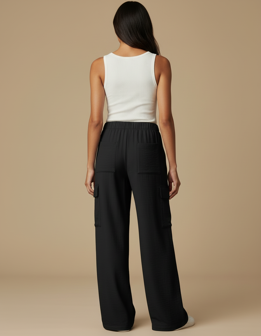 Pantalon Cargo Noir Ample Fluide Décontracté - Viscose - vue 2