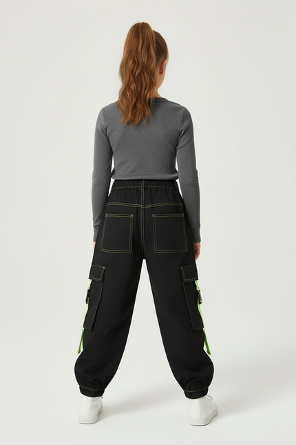 Pantalon Cargo Noir Fluo Multipoches Décontracté Enfant - Polyester - vue 2