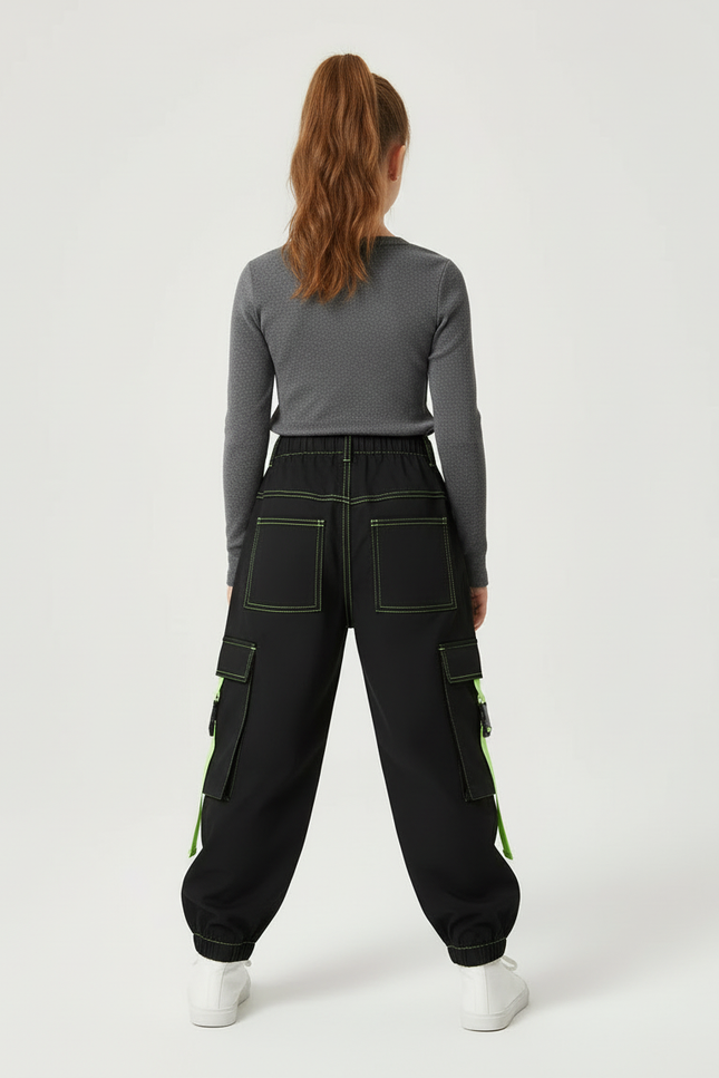 Pantalon Cargo Noir Fluo Multipoches Décontracté Enfant - Polyester - vue 2
