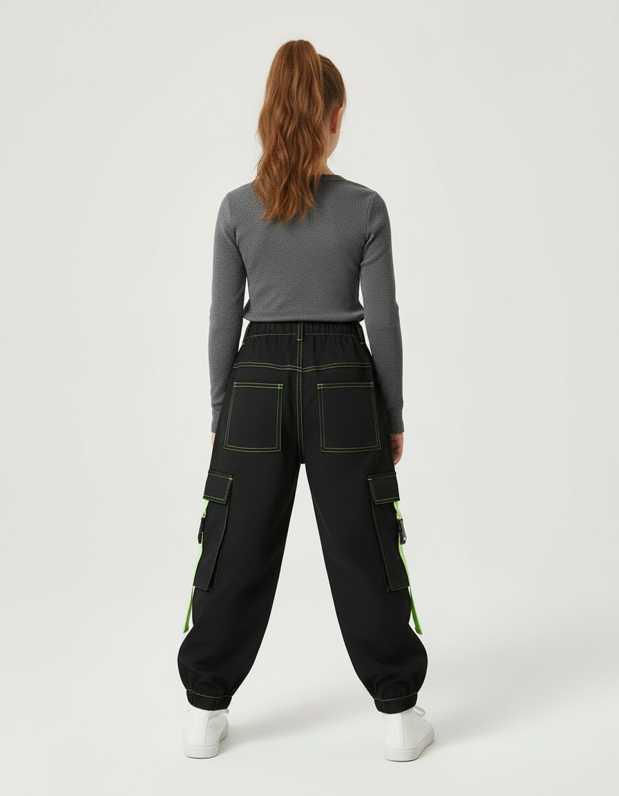 Pantalon Cargo Noir Fluo Multipoches Décontracté Enfant - Polyester - vue 2