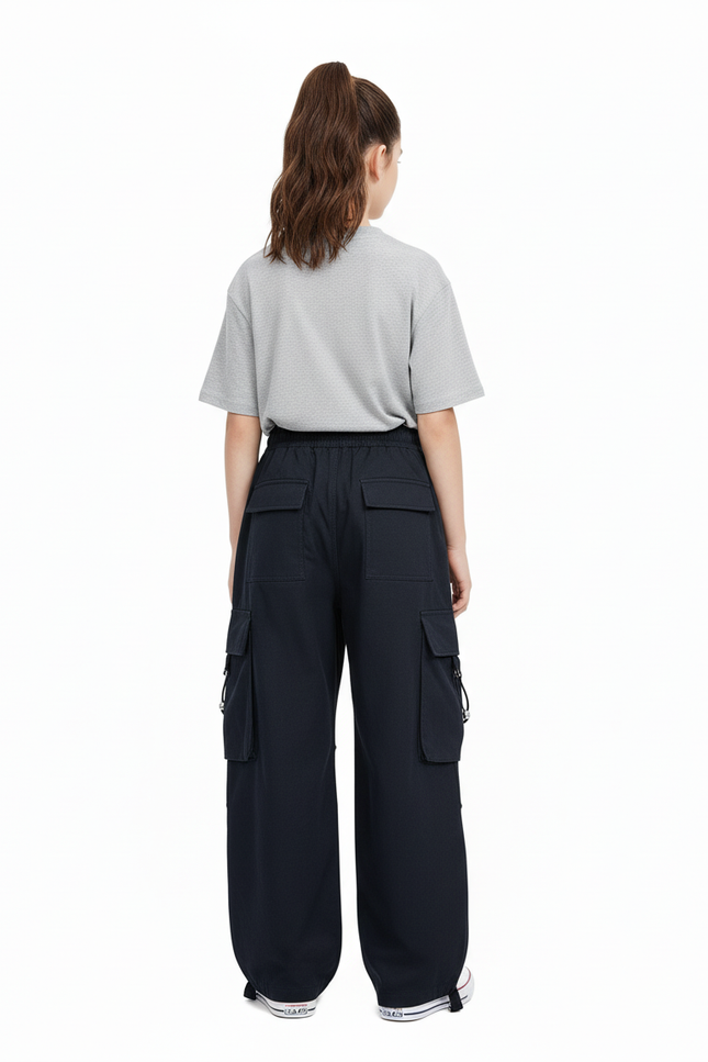 Pantalon Cargo Noir Ample Poches Fille - Marine Toile - vue 2