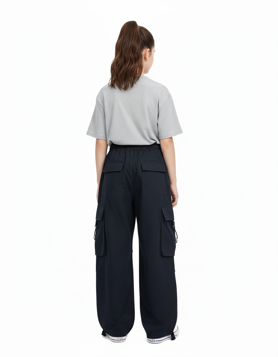 Pantalon Cargo Noir Ample Poches Fille - Marine Toile - vue 2