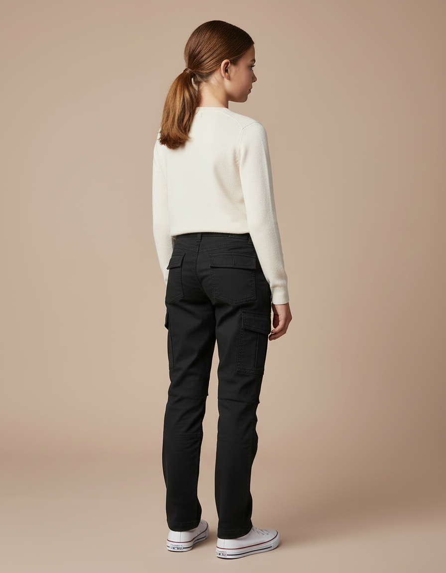 Pantalon Cargo Noir Enfant Multipoches Coton Décontracté - vue 2
