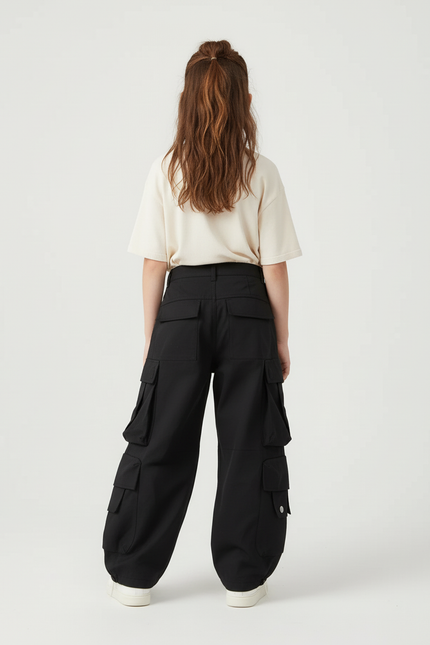 Pantalon Cargo Noir Ample Poches Zippées Enfant - Toile - vue 2