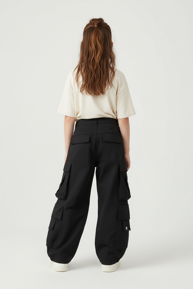Pantalon Cargo Noir Ample Poches Zippées Enfant - Toile - vue 2