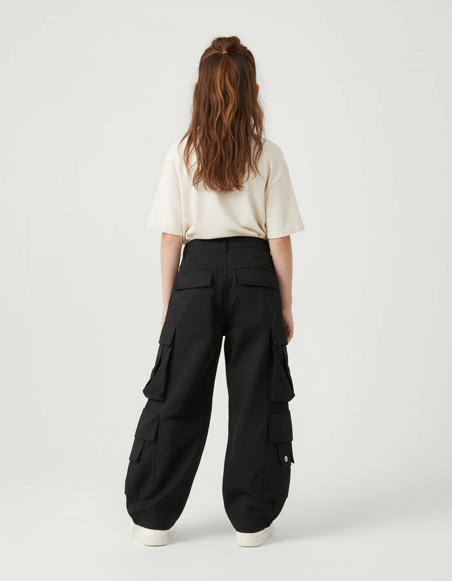 Pantalon Cargo Noir Ample Poches Zippées Enfant - Toile - vue 2