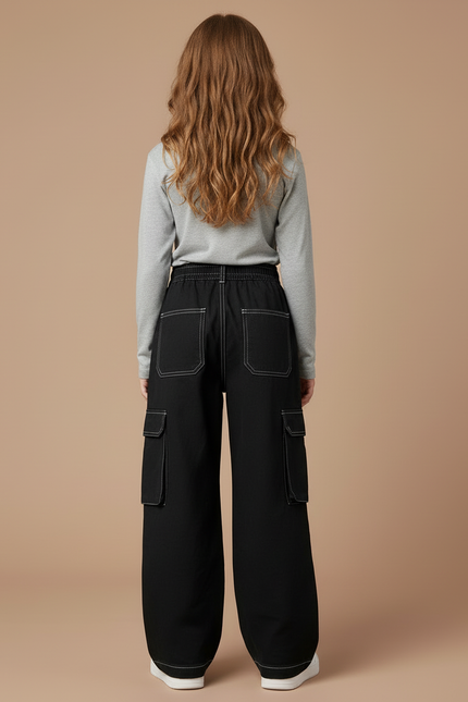 Pantalon Cargo Noir Ample Coton Multipoches Fille - vue 2
