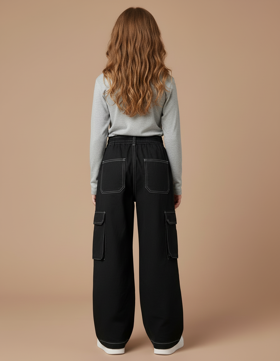 Pantalon Cargo Noir Ample Coton Multipoches Fille - vue 2
