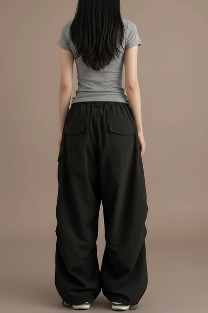 Pantalon Cargo Ample Noir Fluide Femme Décontracté - Polyester - vue 2