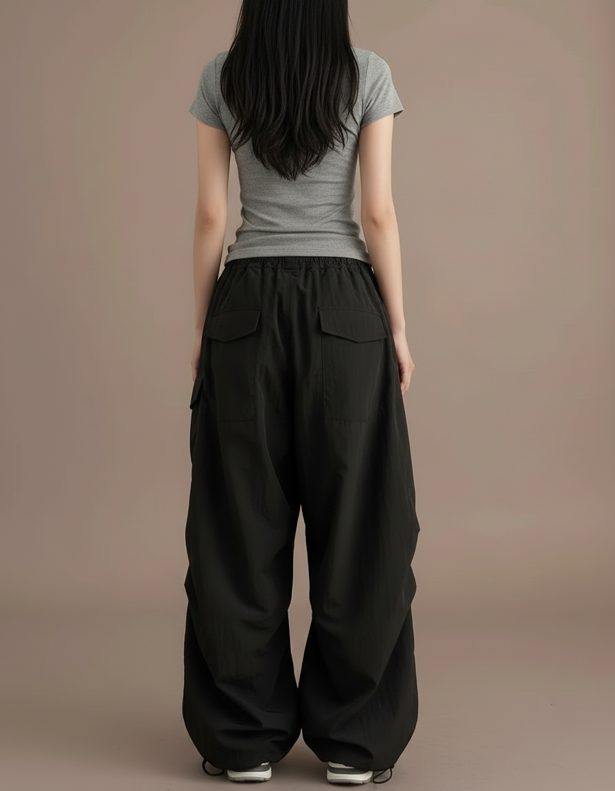 Pantalon Cargo Ample Noir Fluide Femme Décontracté - Polyester - vue 2