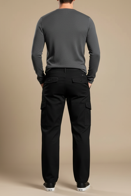 Pantalon Cargo Noir Coton Ample Décontracté Multipoches - Toile - vue 2