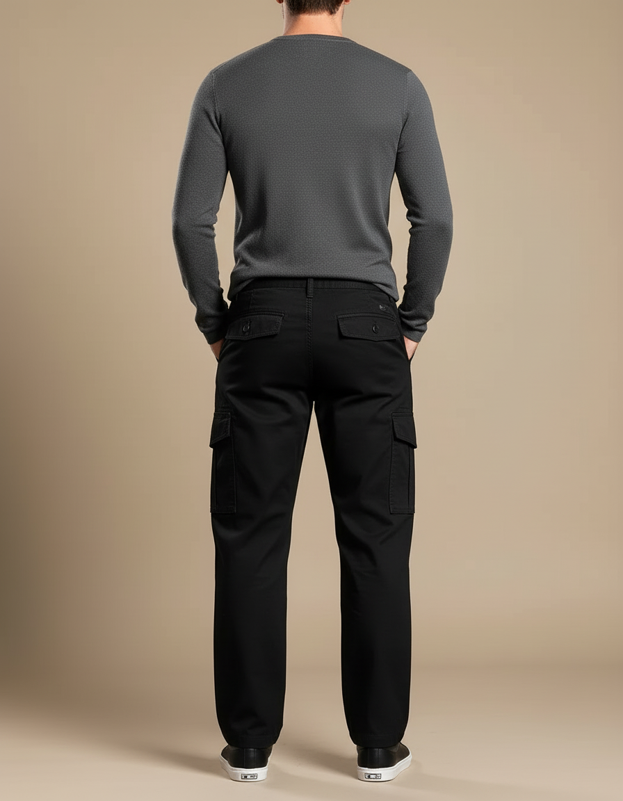 Pantalon Cargo Noir Coton Ample Décontracté Multipoches - Toile - vue 2
