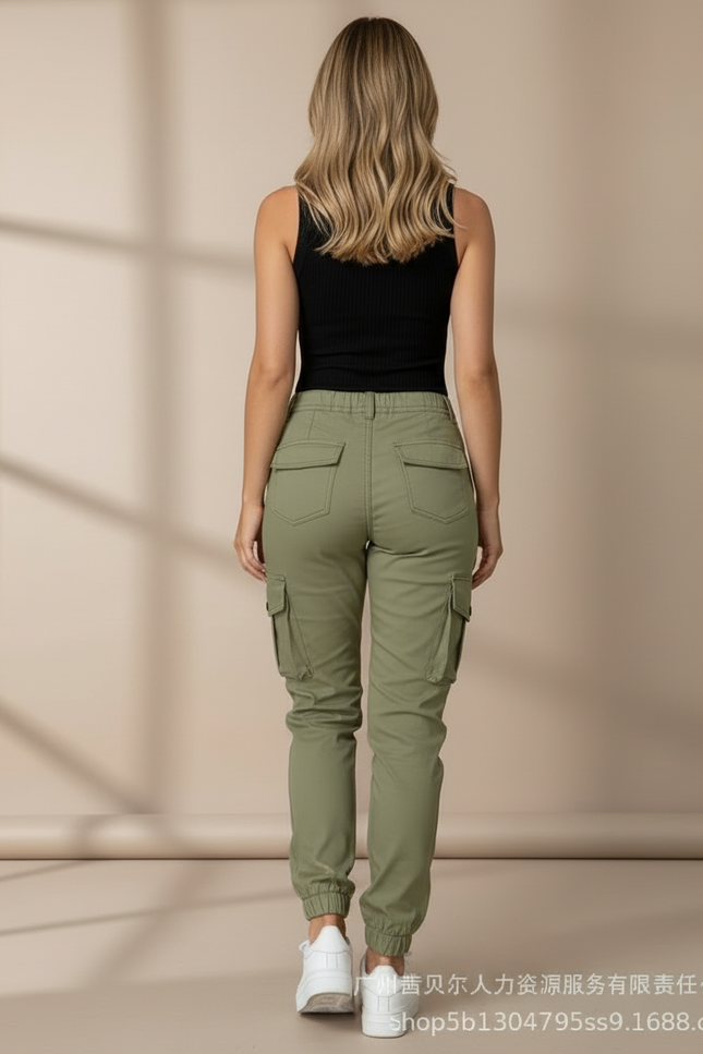 Pantalon Cargo Kaki Slim Multipoches Cordon Femme - Gabardine - vue 2