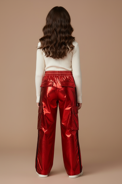 Pantalon Cargo Rouge Brillant Ample Fille - Polyester - vue 2