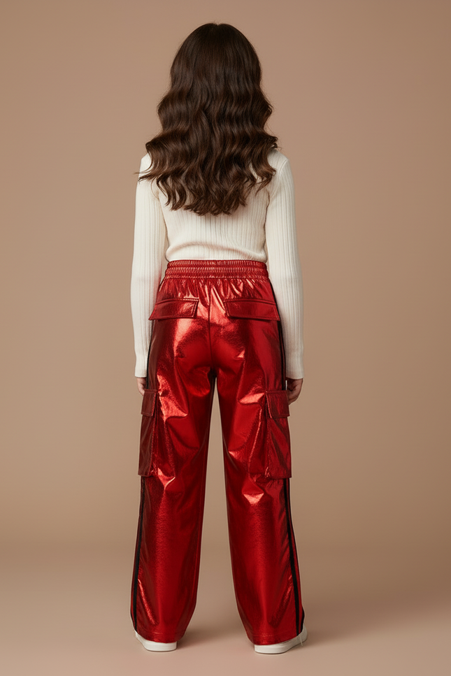 Pantalon Cargo Rouge Brillant Ample Fille - Polyester - vue 2