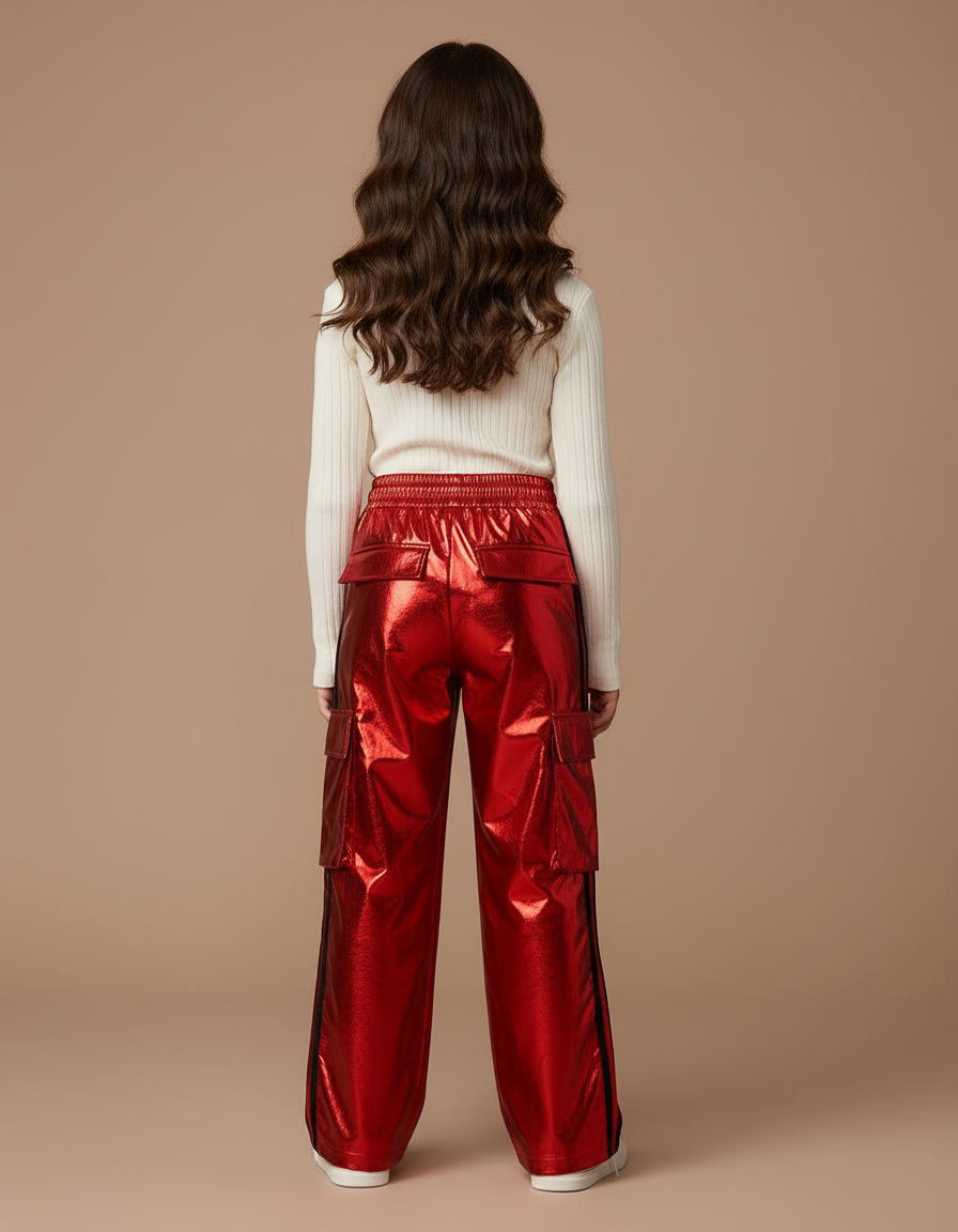 Pantalon Cargo Rouge Brillant Ample Fille - Polyester - vue 2