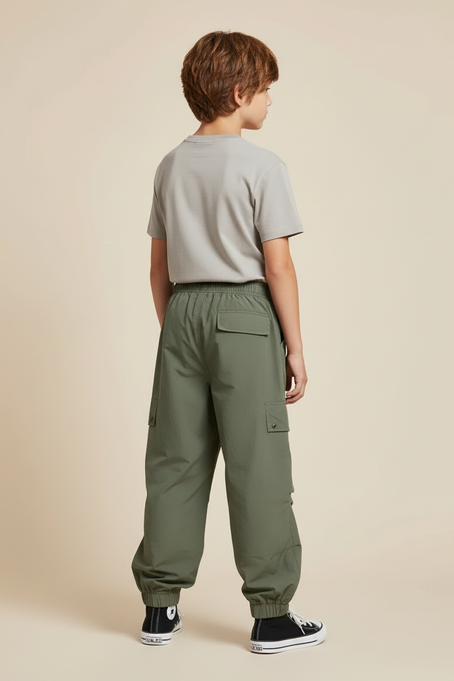 Pantalon Cargo Vert Ample Décontracté Multipoches Enfant - Kaki Polyester - vue 2