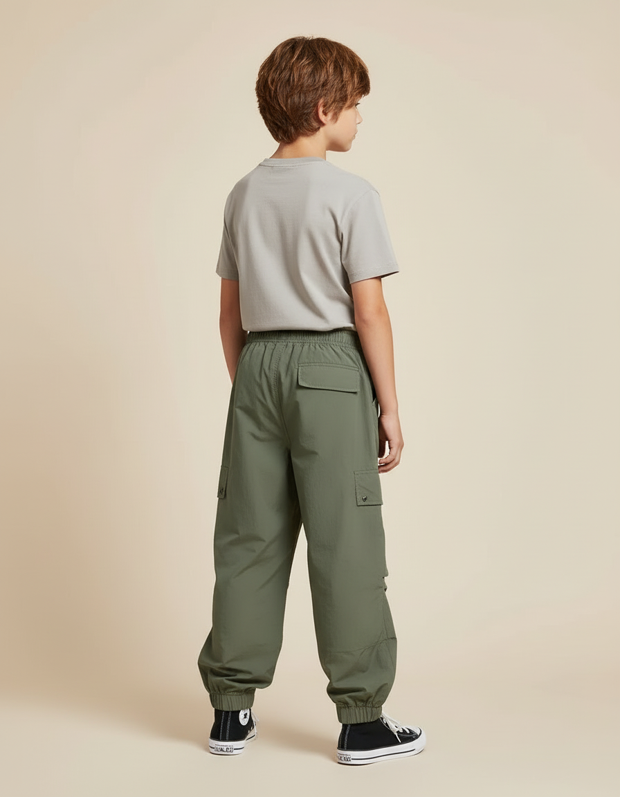 Pantalon Cargo Vert Ample Décontracté Multipoches Enfant - Kaki Polyester - vue 2