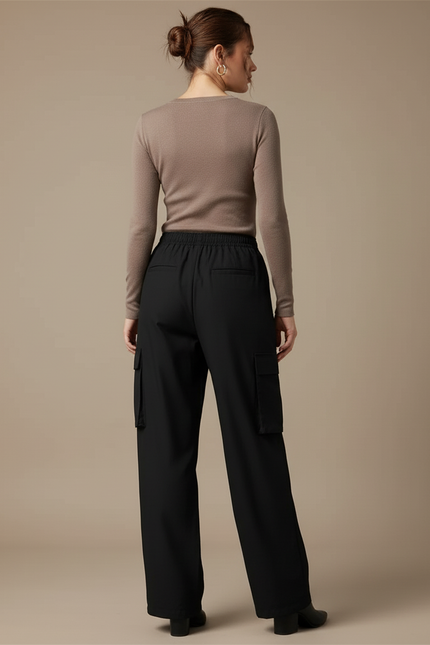 Pantalon Cargo Noir Fluide Taille Haute Femme - Polyester - vue 2