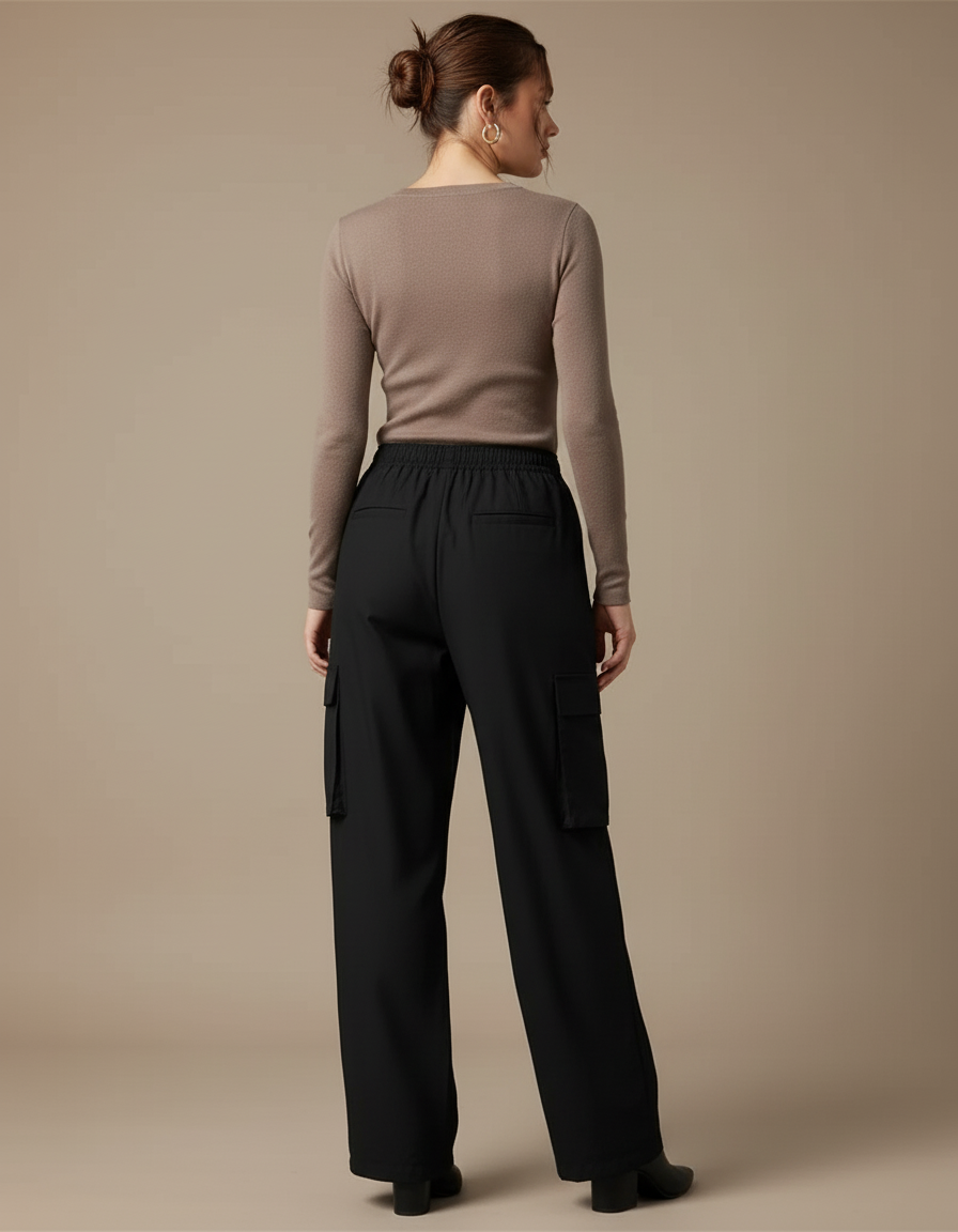 Pantalon Cargo Noir Fluide Taille Haute Femme - Polyester - vue 2