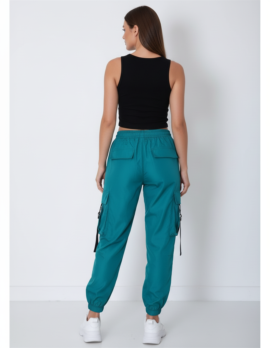 Pantalon Cargo Vert Émeraude Ample Streetwear Femme - Polyester - vue 2